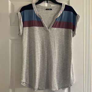 Papermoon Cap Sleeve Rayon Top Gray V-Neck Stripe Sleeve